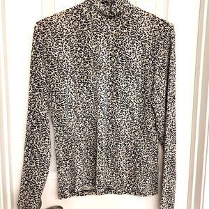 Vintage Animal Print Half Turtleneck Top, Black and White Long Sleeve Blouse
